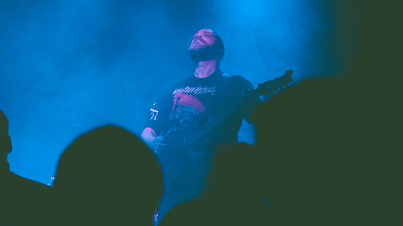 Guitarist under blue light above the silhouettes of the crowd, live show