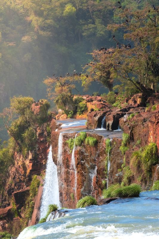 Waterfalls dropping into a canyon between red rock and autumn trees